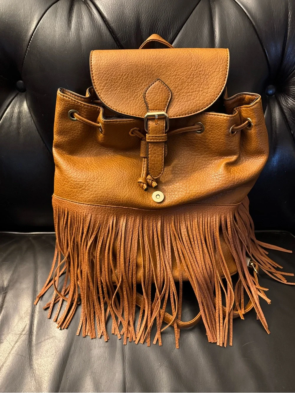 Autumn & Spring Fringe Drawstring Backpack - Cognac Leather
